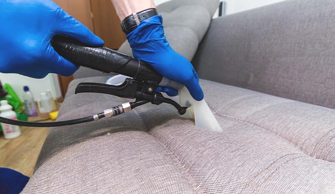 Person using a vacuum cleaner to clean a sofa.