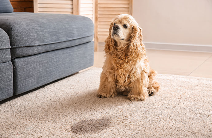 A dog on a carpet with a visible waste stain