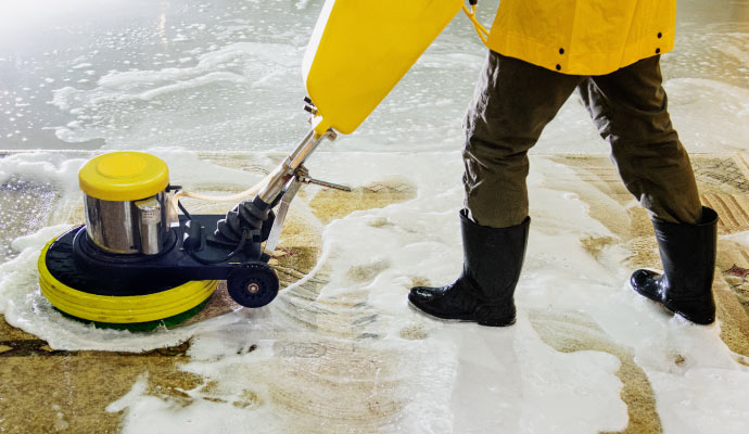 Person cleaning rug with equipment