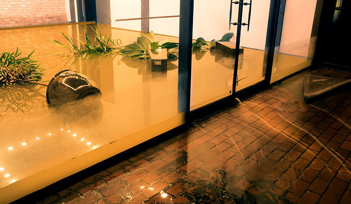 flooded commercial area with fallen plants