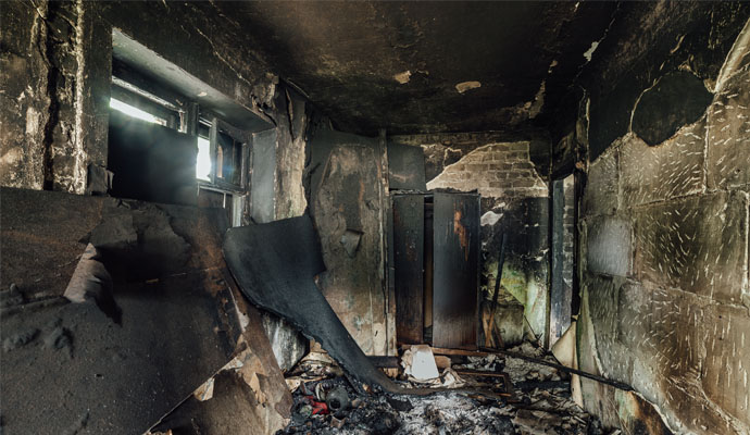 fire damaged room