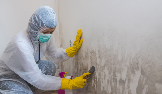 Person wearing PPE cleaning mold from wall