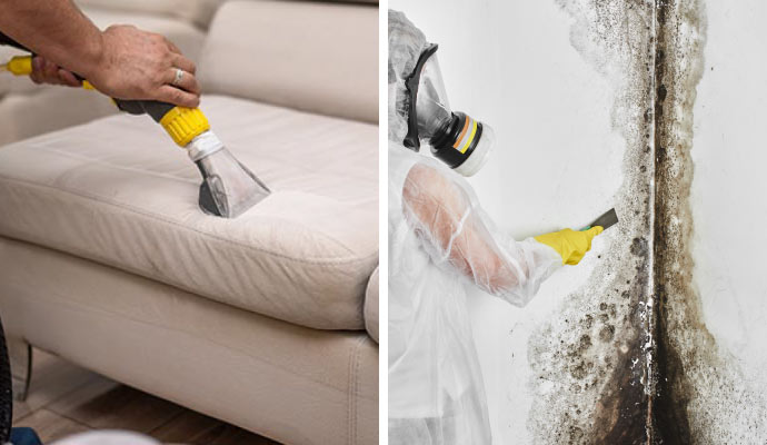 collage of professional upholstery cleaning and mold remediation