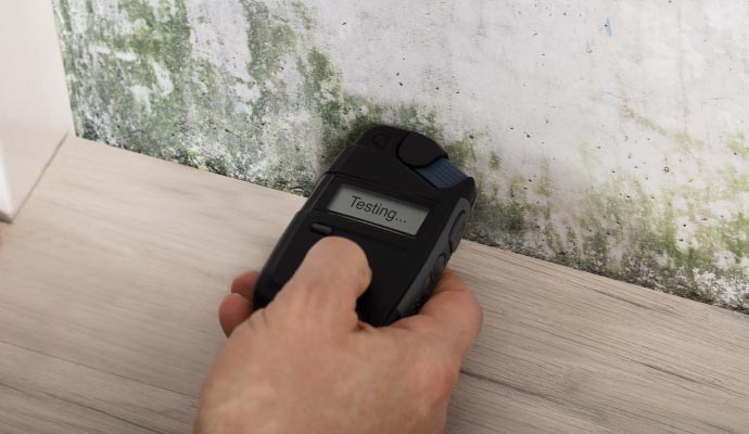 Person testing the moisture level on a moldy wall