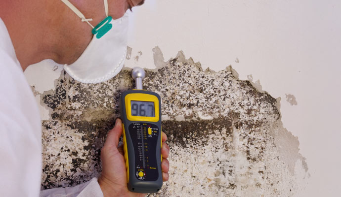 A person testing moisture on the wall with equipment