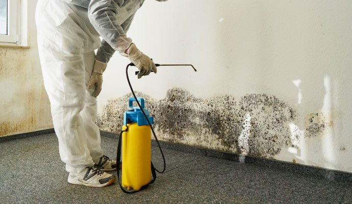 Person cleaning mold with equipment