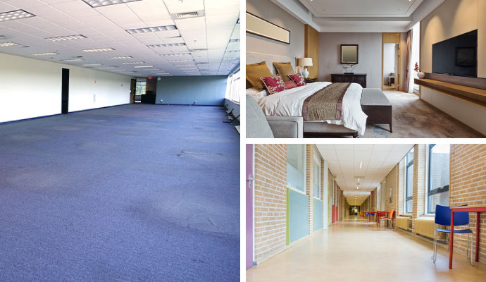 collage of clean office space, hotel room, and school corridor