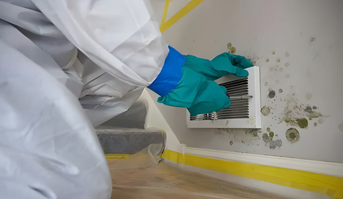 professional worker removing mold from wall vent 